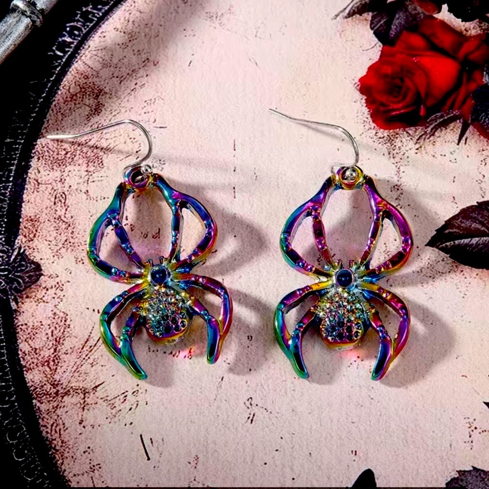 🕷️ Colorful Spider With Shiny Rhinestone Earrings